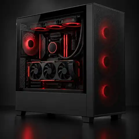 Representative Techworks Ultra custom PC in a black airflow case with liquid cooling and red lighting